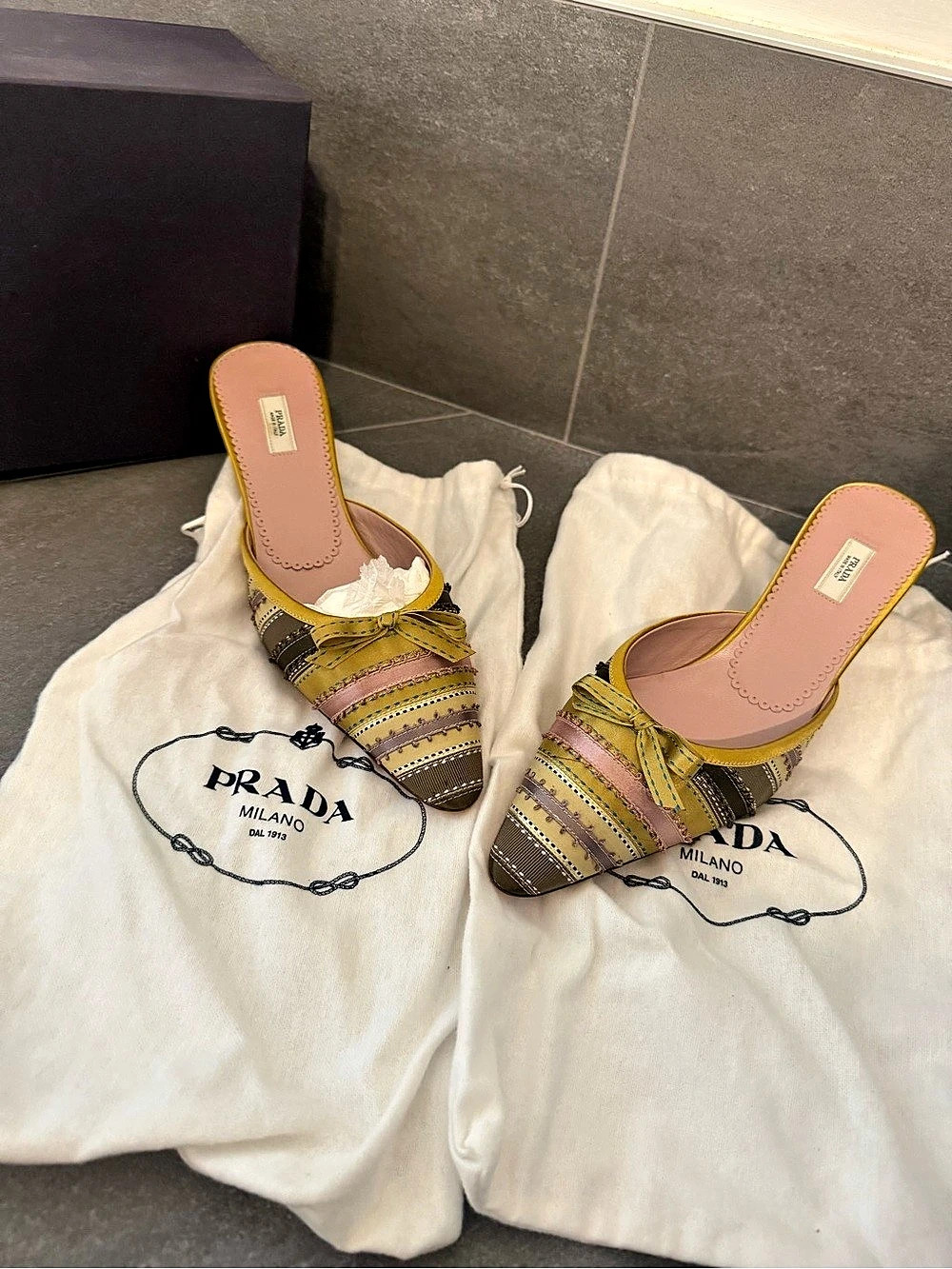 Prada Striped Ribbon Bow Kitten Heel Mules Yellow & Pink EU 38 NEVER WORN